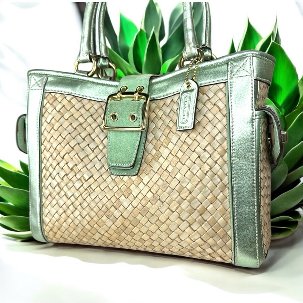 Coach Green and Tan Tote with Woven Design - Picture 11 of 16